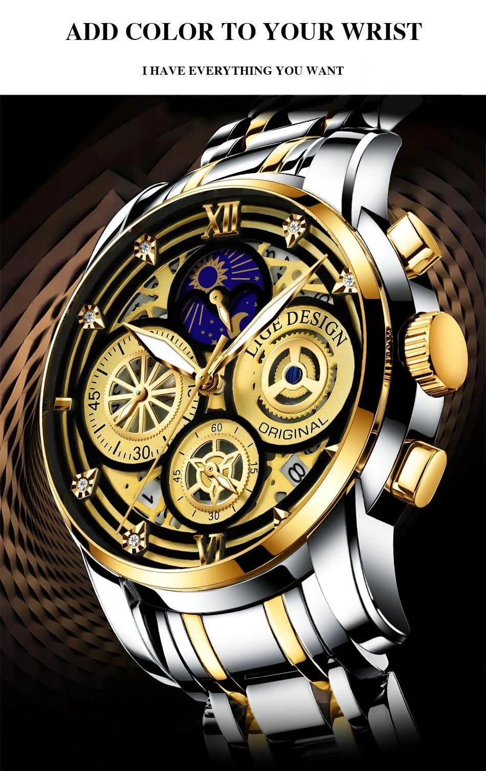 Great Gift Ideas -  Waterproof Stainless Steel Luxury Hollow Large Dial Auto Date Quartz Wristwatch