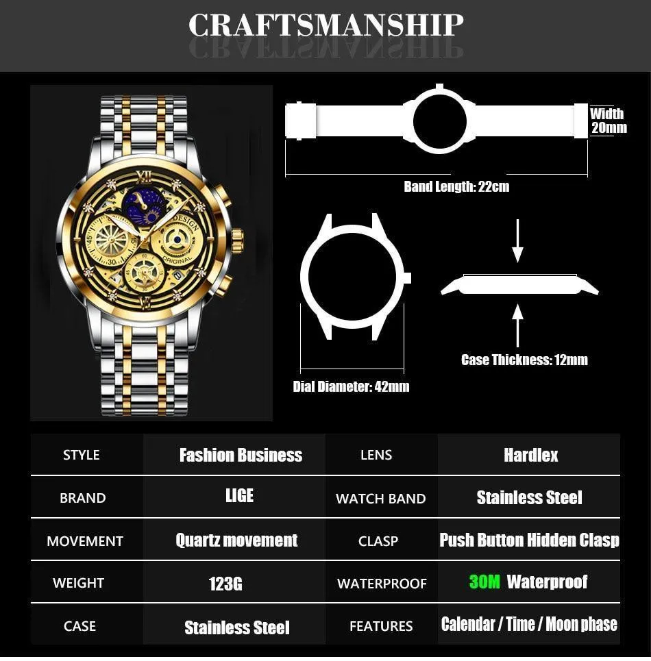 Great Gift Ideas -  Waterproof Stainless Steel Luxury Hollow Large Dial Auto Date Quartz Wristwatch