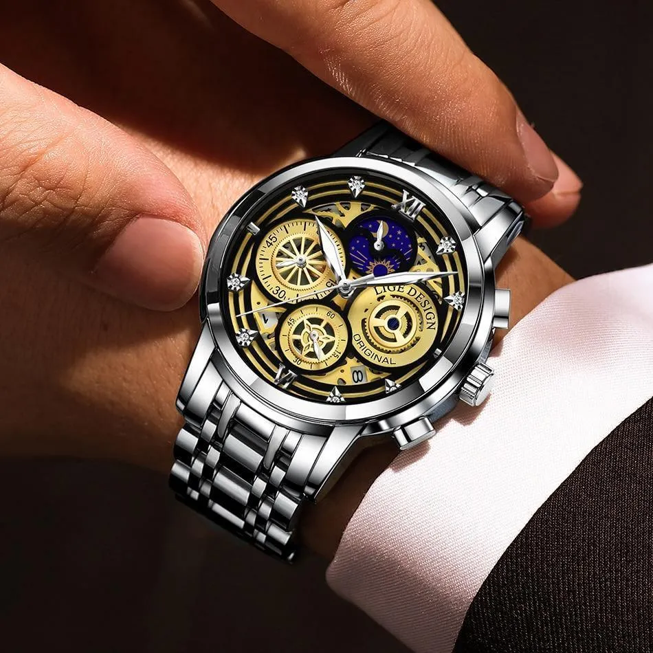 Great Gift Ideas -  Waterproof Stainless Steel Luxury Hollow Large Dial Auto Date Quartz Wristwatch