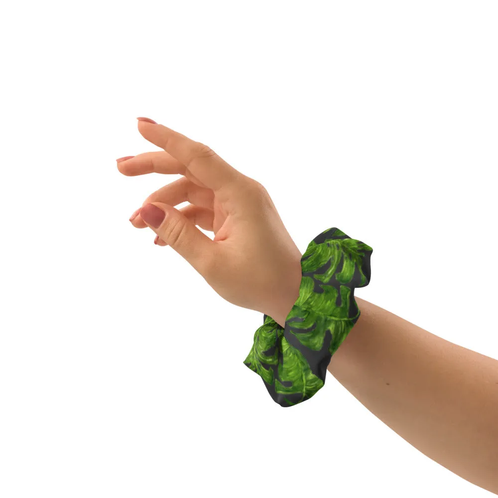 Grey Tropical Leaf Scrunchie, Hawaiian Style Tropical Leaves Print Hair Tie Accessories - Made in  USA/EU