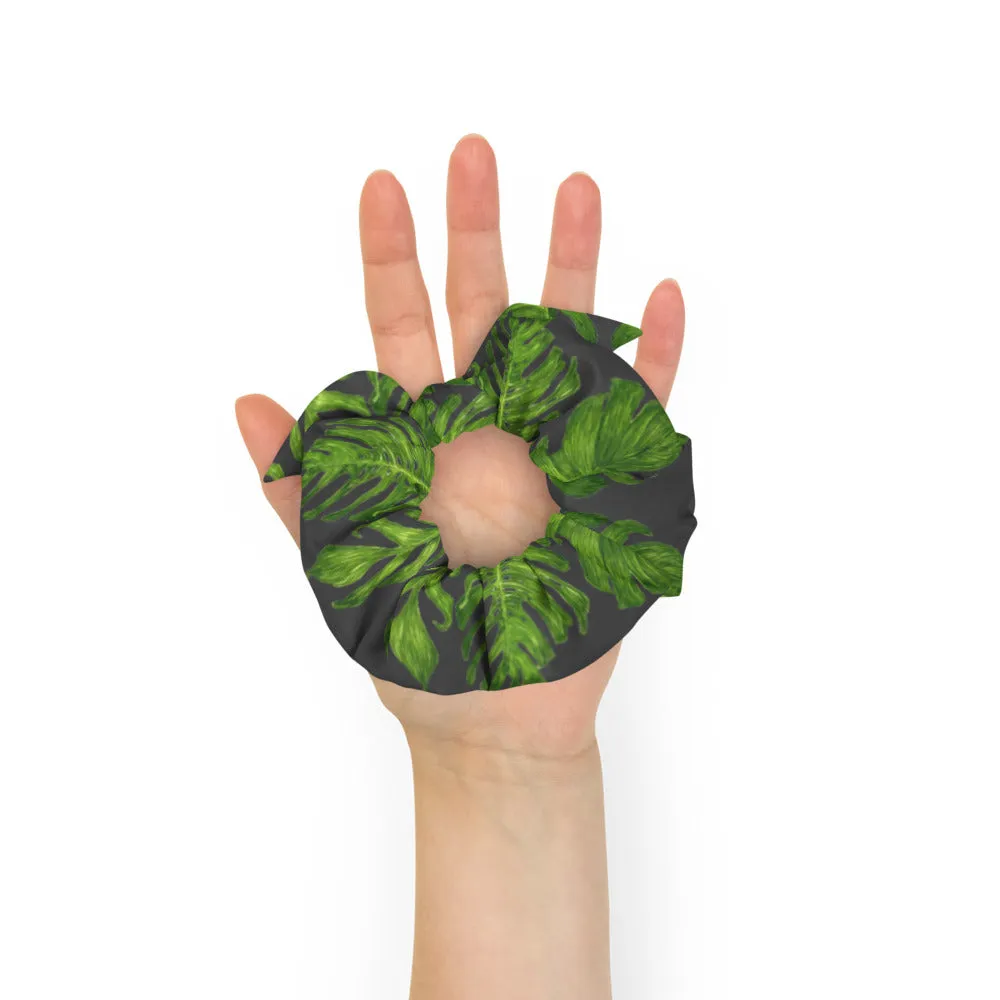 Grey Tropical Leaf Scrunchie, Hawaiian Style Tropical Leaves Print Hair Tie Accessories - Made in  USA/EU