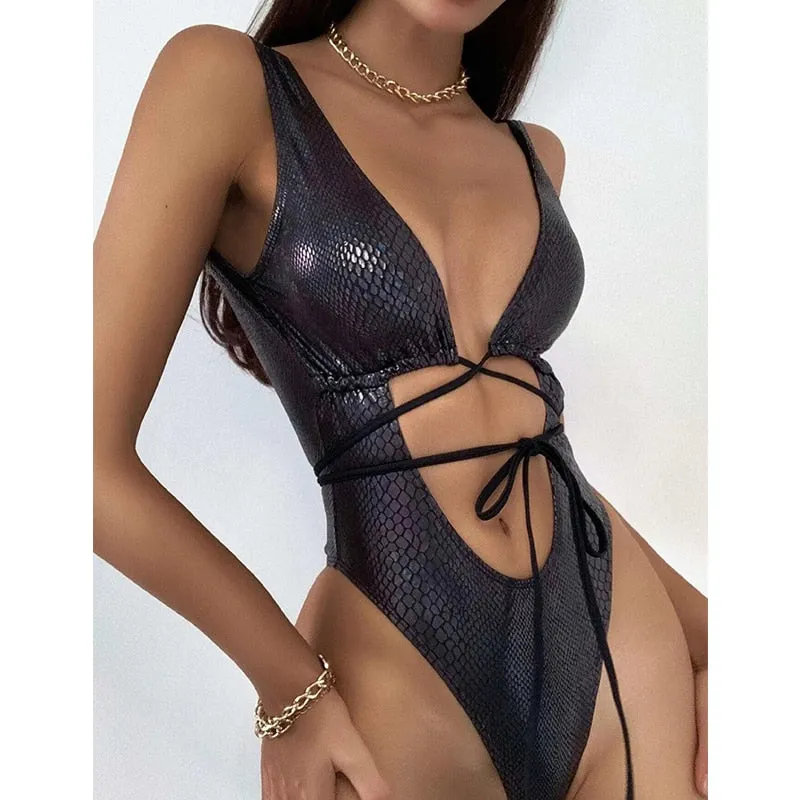 Hollow Out Sexy One Piece Swimsuit Snake  Skin Swimwear