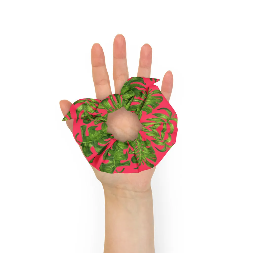 Hot Pink Tropical Scrunchie, Hawaiian Style Tropical Leaves Print Hair Tie Accessories - Made in  USA/EU