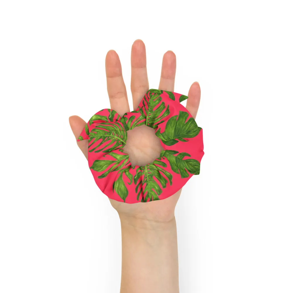Hot Pink Tropical Scrunchie, Hawaiian Style Tropical Leaves Print Hair Tie Accessories - Made in  USA/EU