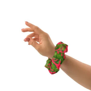 Hot Pink Tropical Scrunchie, Hawaiian Style Tropical Leaves Print Hair Tie Accessories - Made in  USA/EU