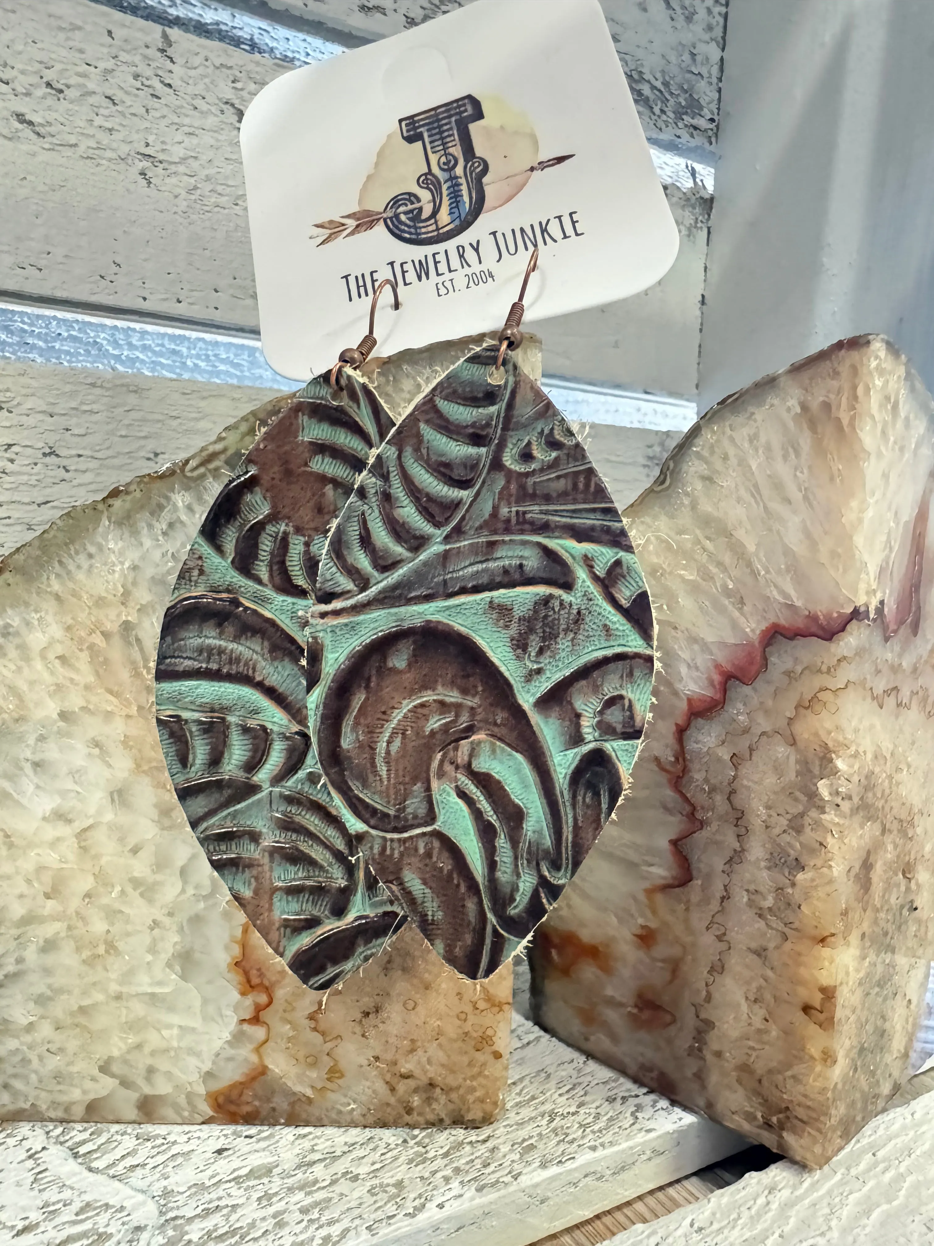 Leather Oval Earrings Turquoise Brown Floral