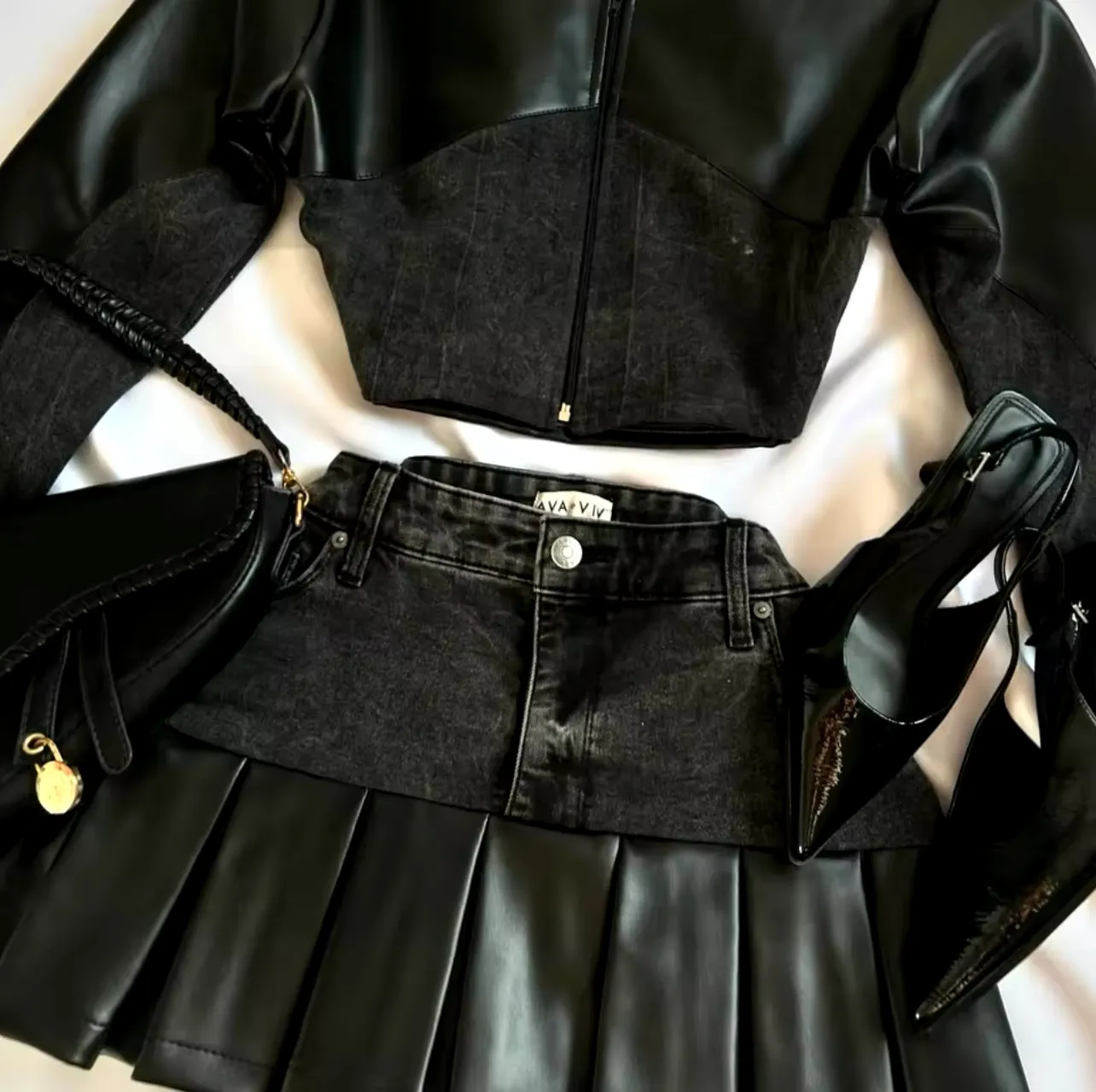Leather-Spliced Denim Two-Piece Set
