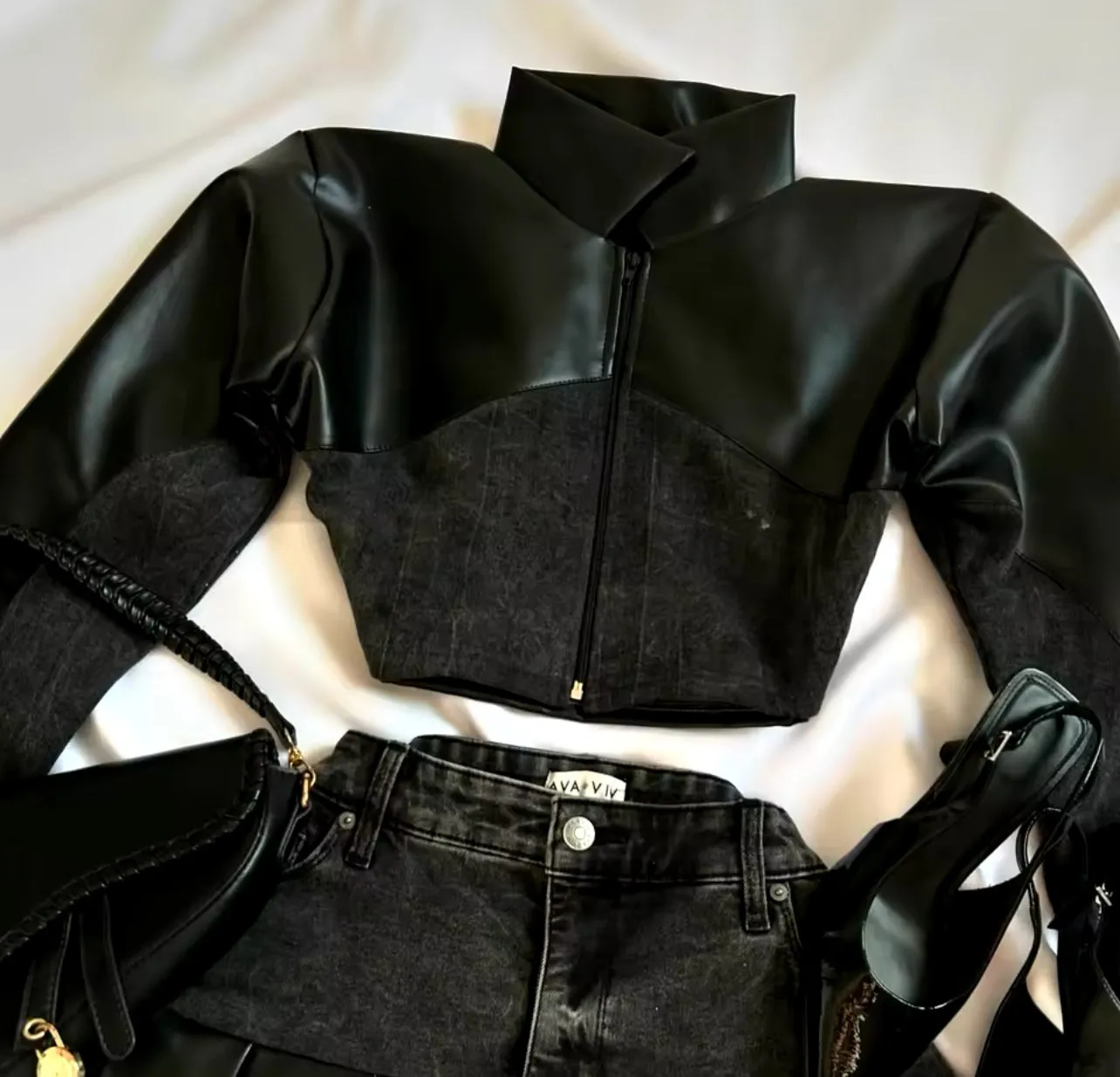 Leather-Spliced Denim Two-Piece Set