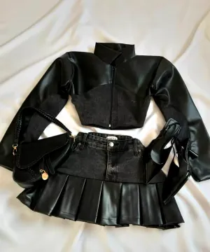 Leather-Spliced Denim Two-Piece Set Leather-Spliced Denim Two-Piece Set