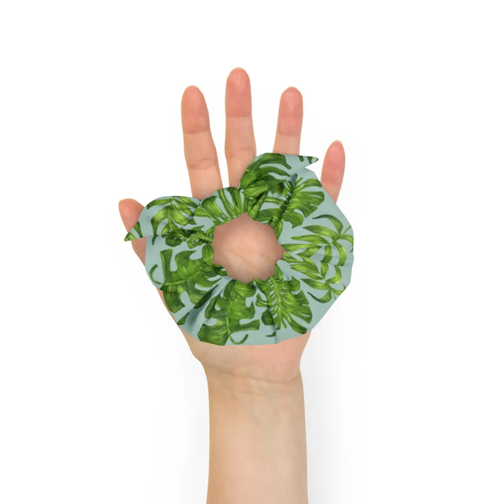 Light Blue Tropical Scrunchie, Hawaiian Style Tropical Leaves Print Hair Tie Accessories - Made in  USA/EU
