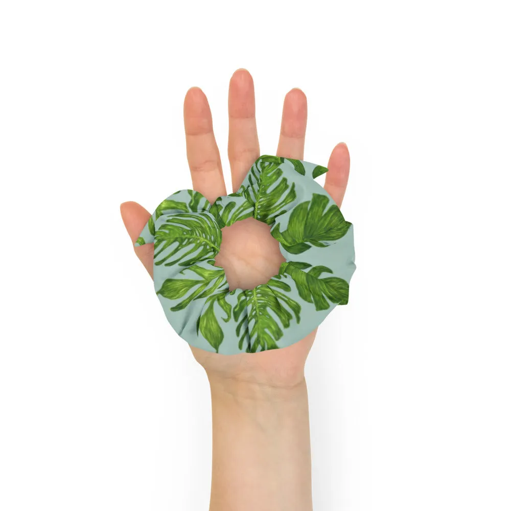 Light Blue Tropical Scrunchie, Hawaiian Style Tropical Leaves Print Hair Tie Accessories - Made in  USA/EU