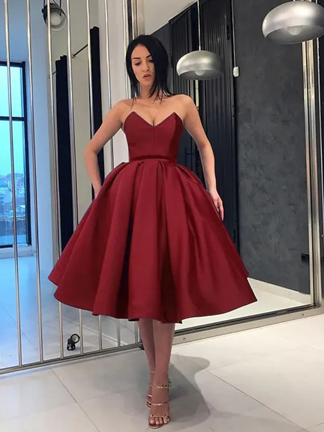 Luolandi A-Line Minimalist Elegant Party Wear Cocktail Party Dress Strapless Sleeveless Knee Length Satin