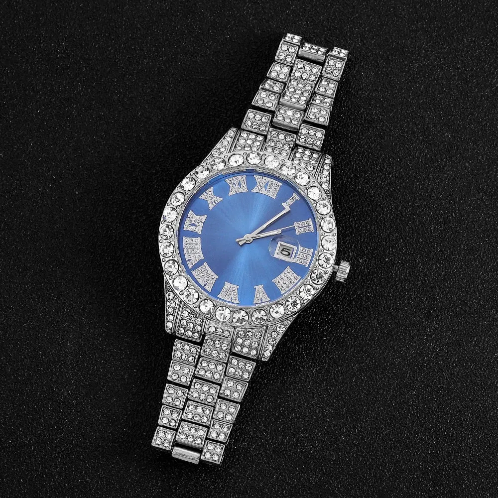 Luxury Ice Out Diamond Watch Multifunction Day Date Adjust Calendar Quartz Watches