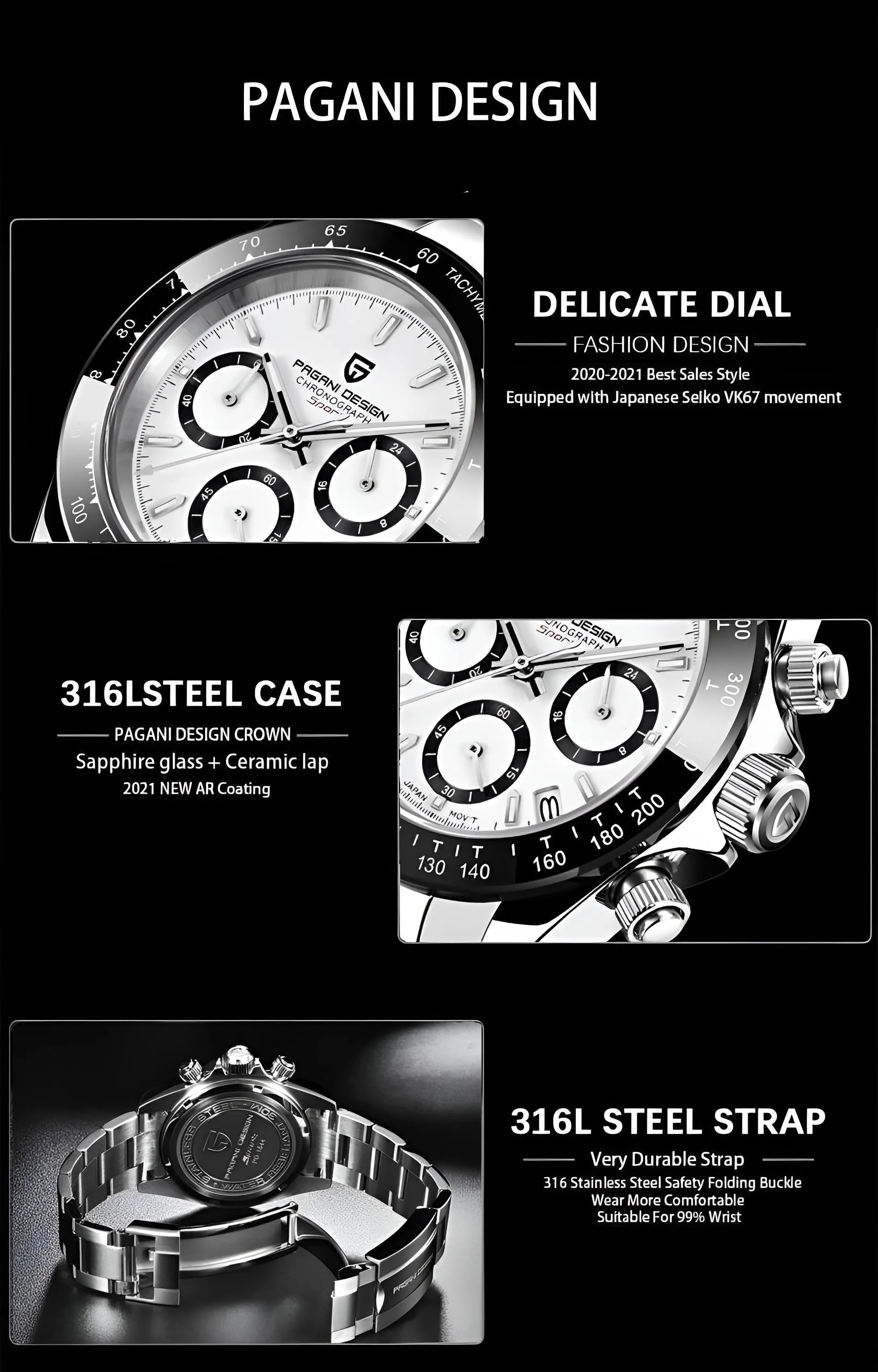 Men's Sapphire Stainless Steel Luxury PAGANI Watch (Identical To The Rolex Daytona!)