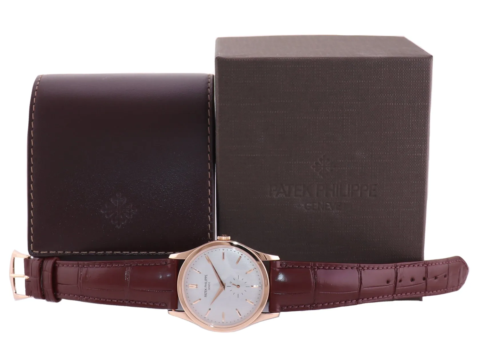 MINT Patek Philippe 5196R 37mm Rose Gold Calatrava Brown Leather Watch Box