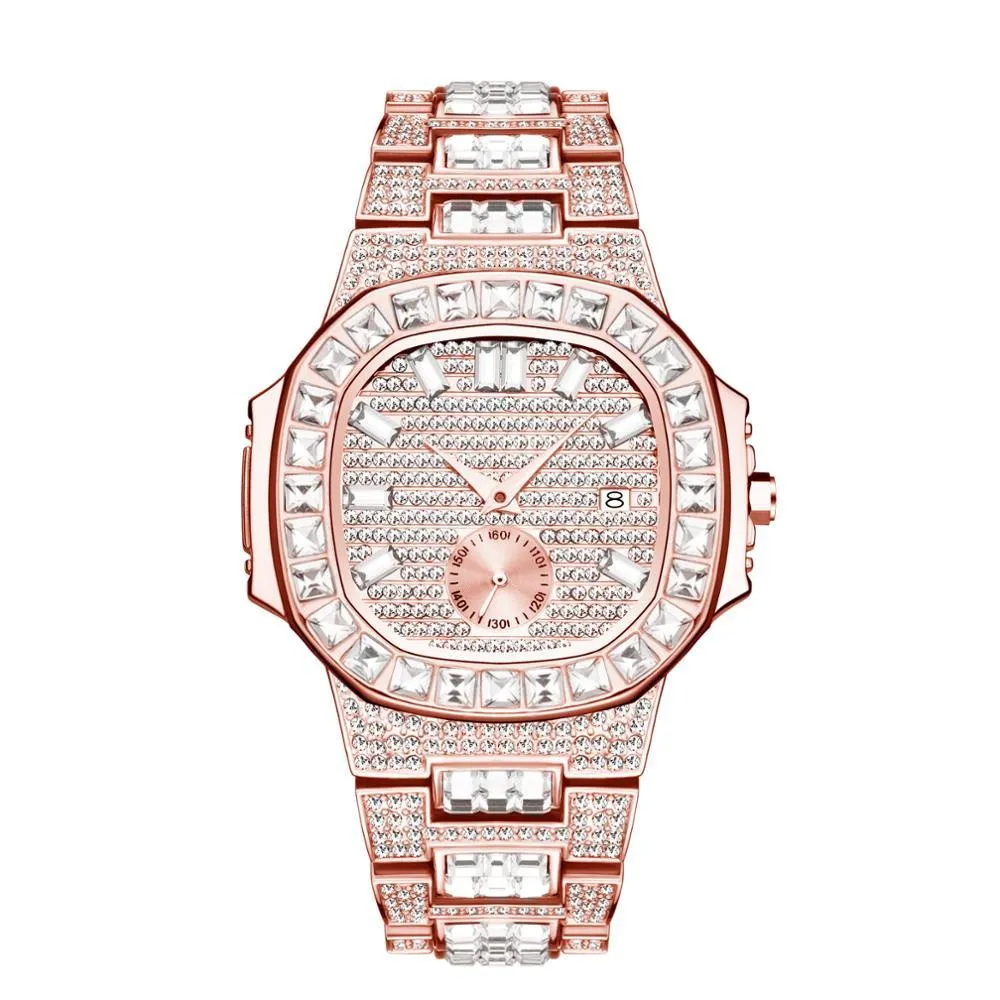 MISSFOX Luxury Men Watch Gold 18K Model Fully Paved Baguette Diamond Mens Watches Waterproof Calendar Male Clock Hours