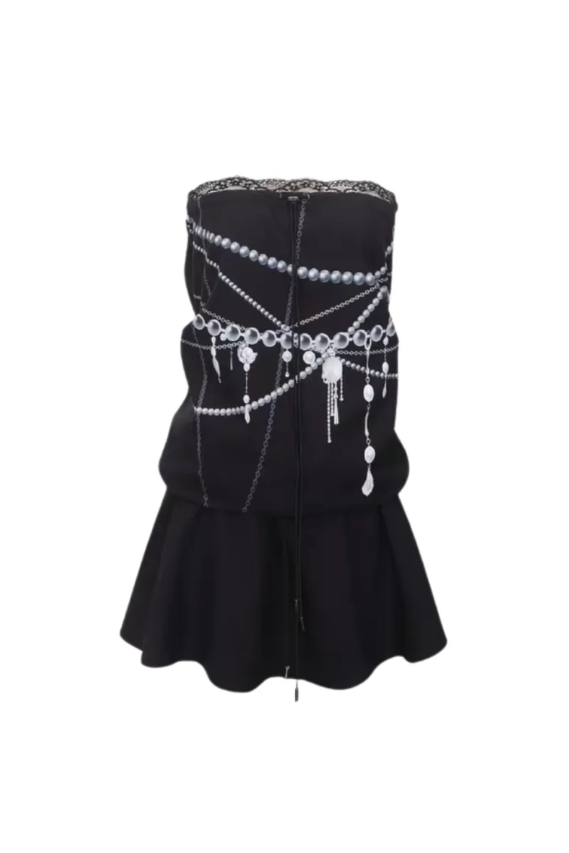 Pearl Chain Print Strapless Top & Wide-Leg Pants Two-Piece Set