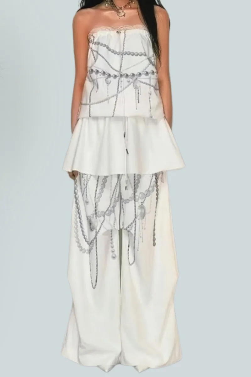 Pearl Chain Print Strapless Top & Wide-Leg Pants Two-Piece Set