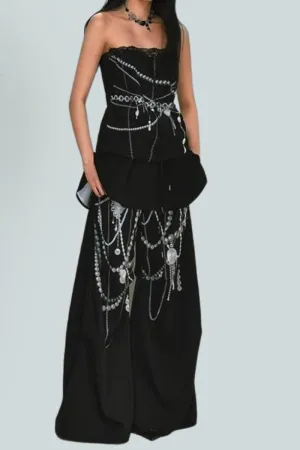 Pearl Chain Print Strapless Top & Wide-Leg Pants Two-Piece Set Pearl Chain Print Strapless Top & Wide-Leg Pants Two-Piece Set