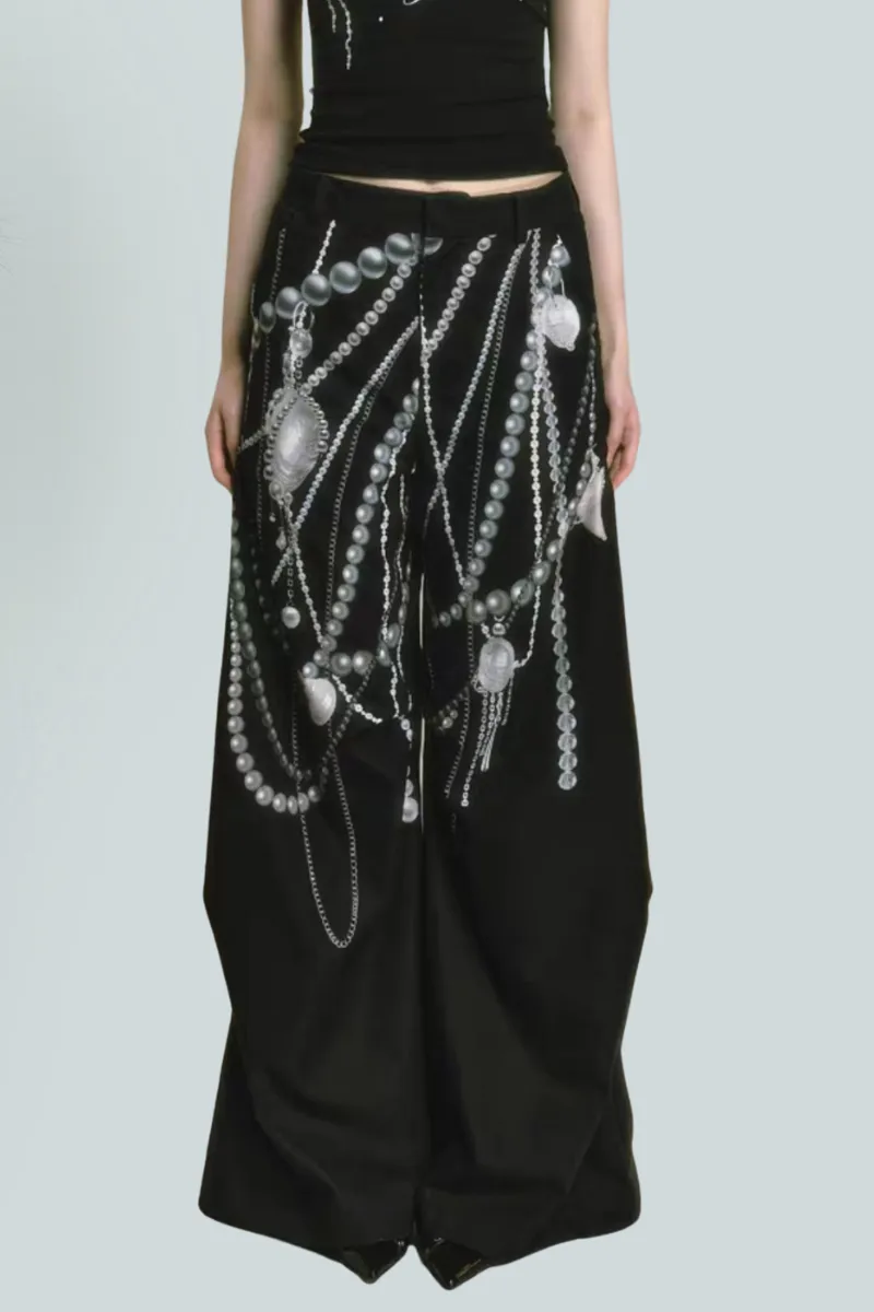 Pearl Chain Print Strapless Top & Wide-Leg Pants Two-Piece Set