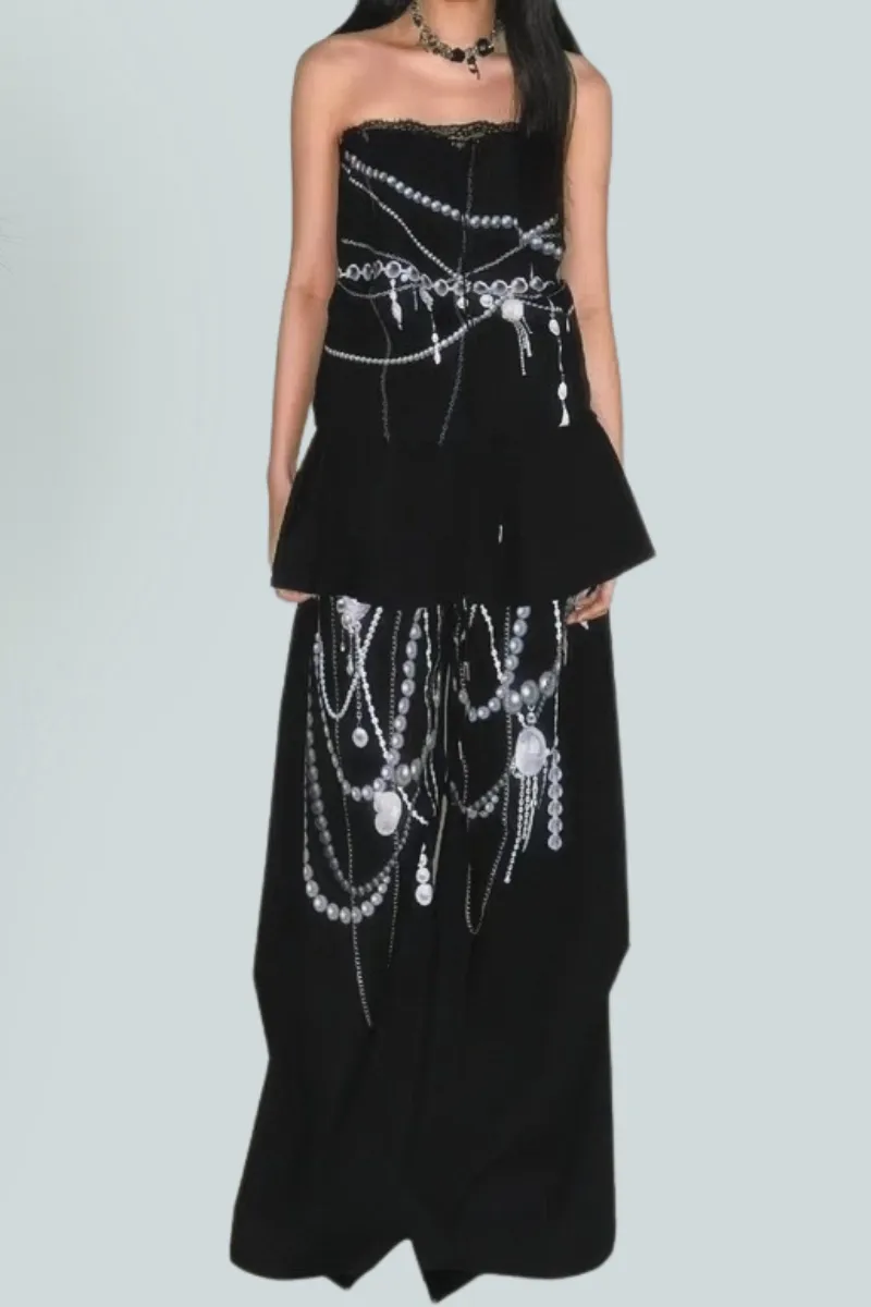 Pearl Chain Print Strapless Top & Wide-Leg Pants Two-Piece Set