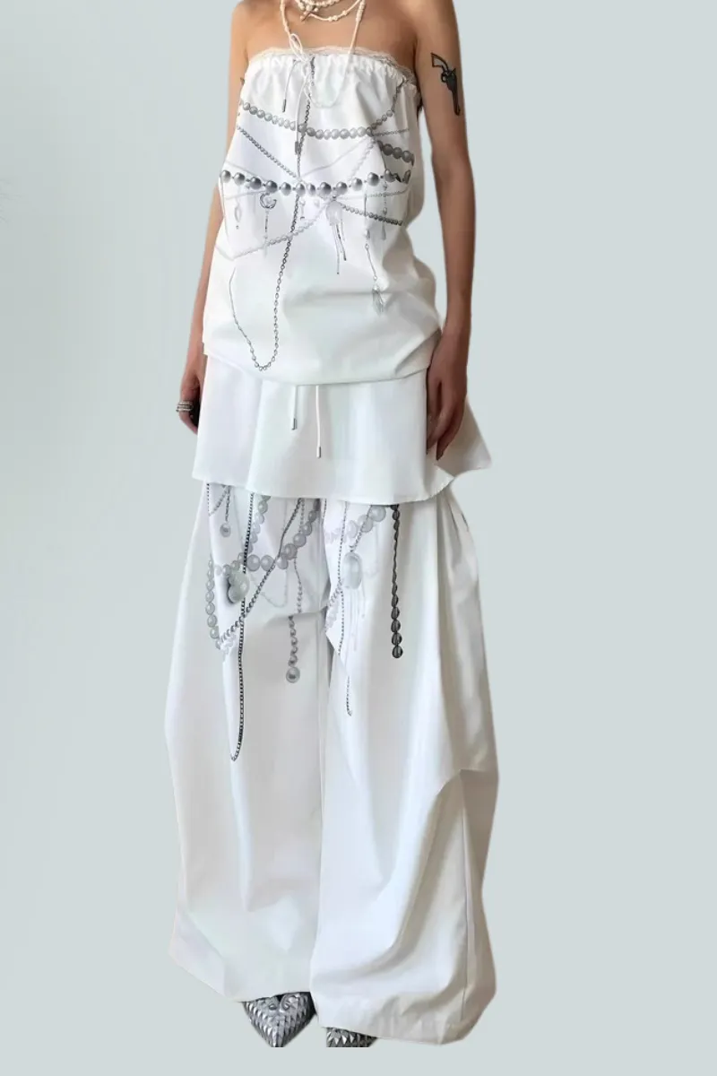 Pearl Chain Print Strapless Top & Wide-Leg Pants Two-Piece Set