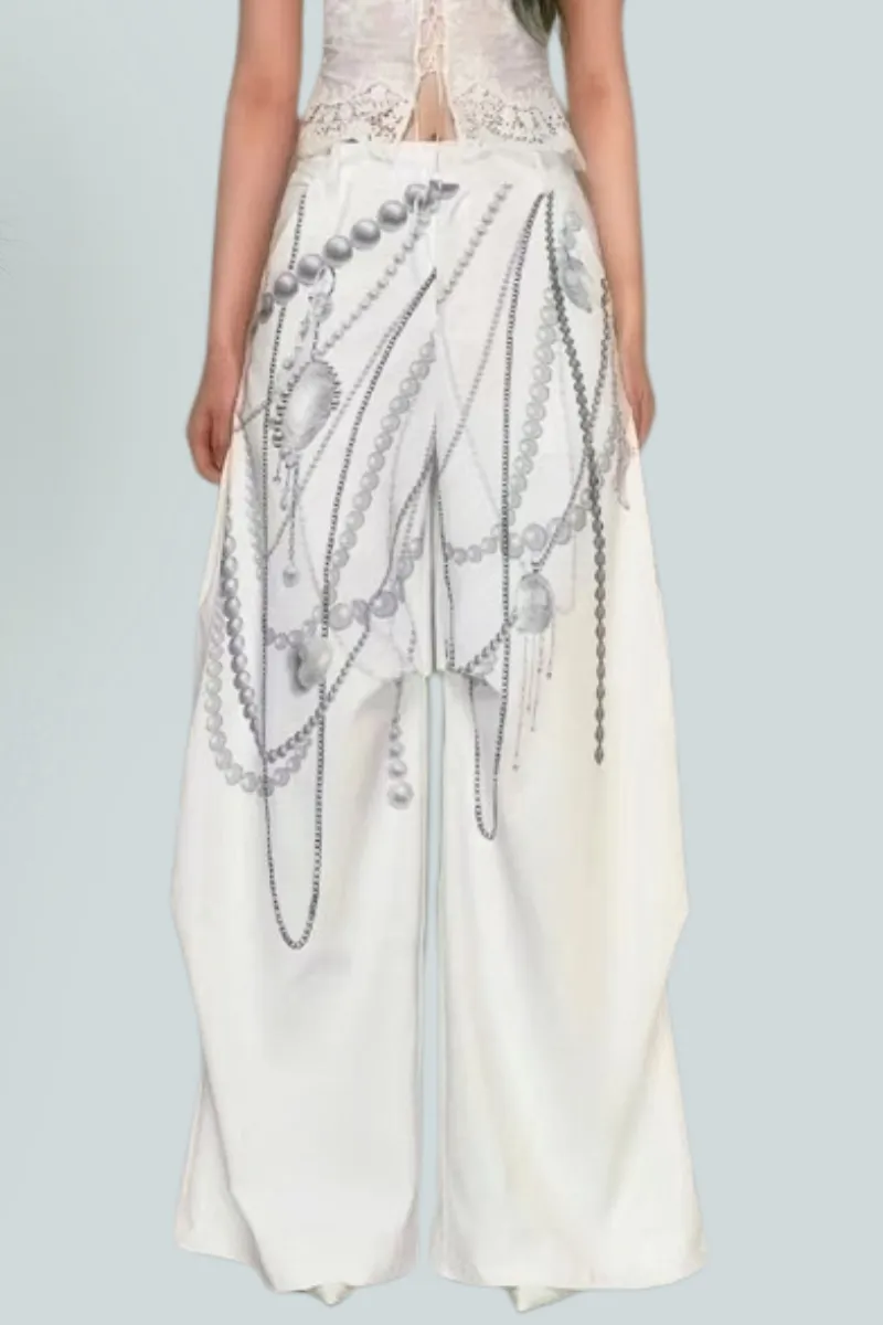 Pearl Chain Print Strapless Top & Wide-Leg Pants Two-Piece Set