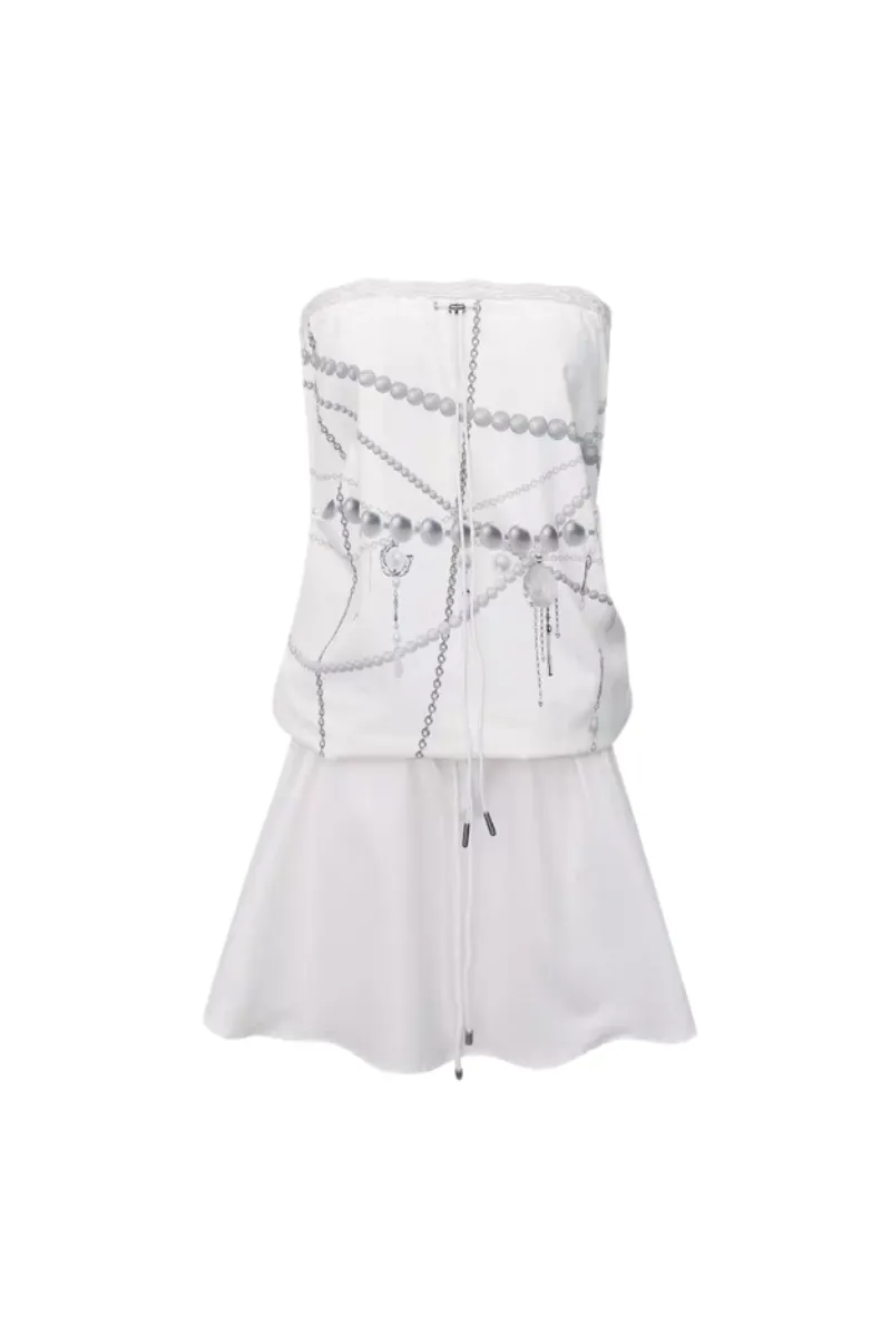 Pearl Chain Print Strapless Top & Wide-Leg Pants Two-Piece Set