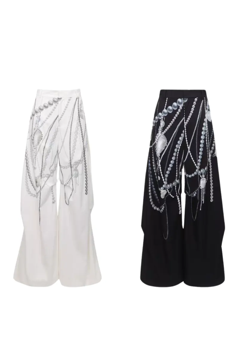 Pearl Chain Print Strapless Top & Wide-Leg Pants Two-Piece Set