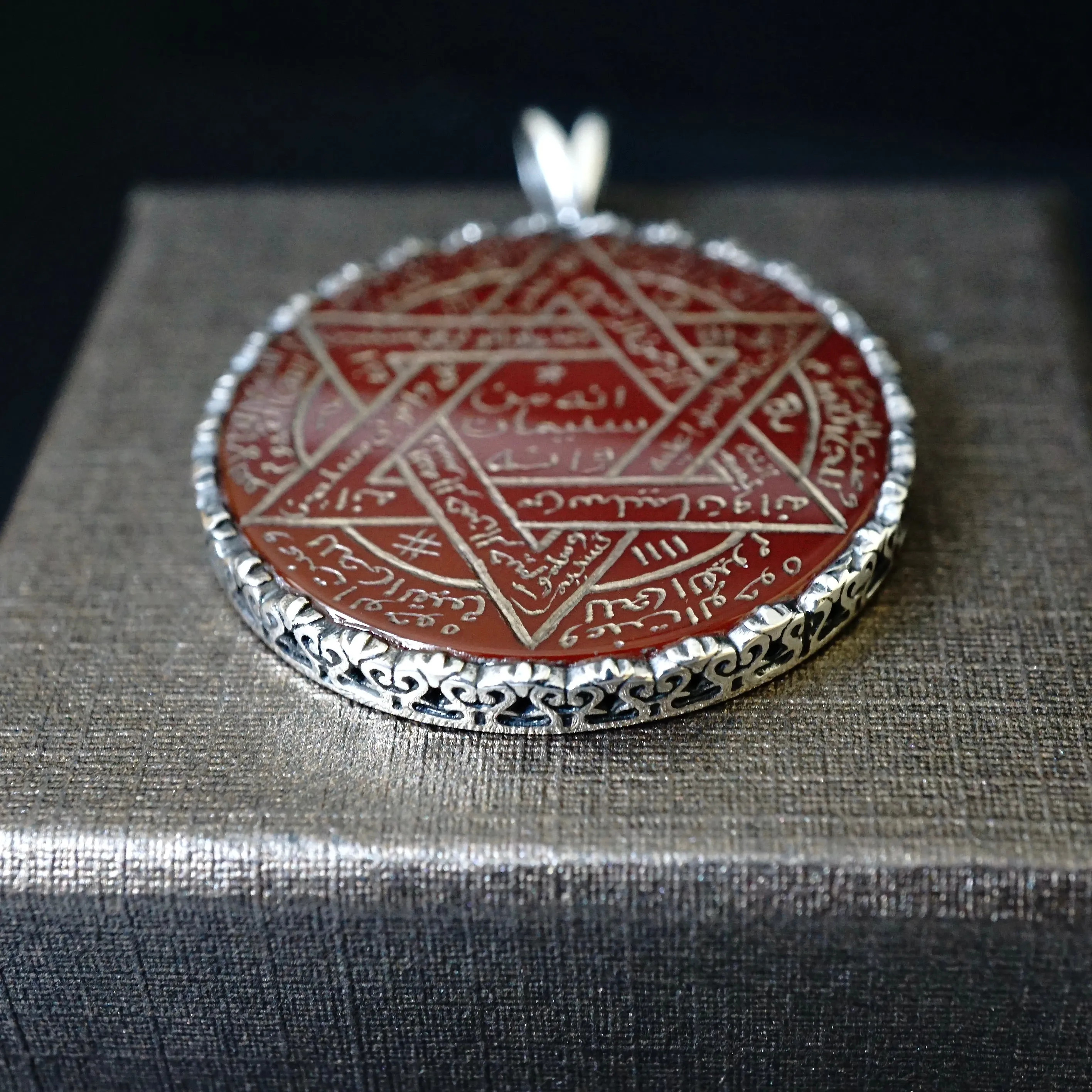 Pendant Carnelian Seal of Solomon Handmade Unique Master Hand-engraving 925 Sterling Silver natural Aqeeq gemstone Islamic Talisman Amulet