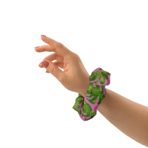 Pink Green Tropical Scrunchie, Hawaiian Style Tropical Leaves Print Hair Tie Accessories - Made in  USA/EU