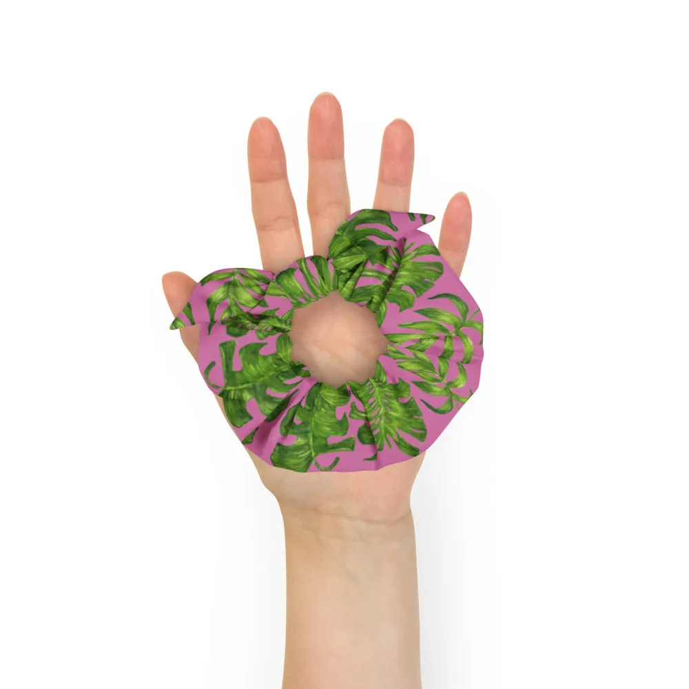 Pink Green Tropical Scrunchie, Hawaiian Style Tropical Leaves Print Hair Tie Accessories - Made in  USA/EU
