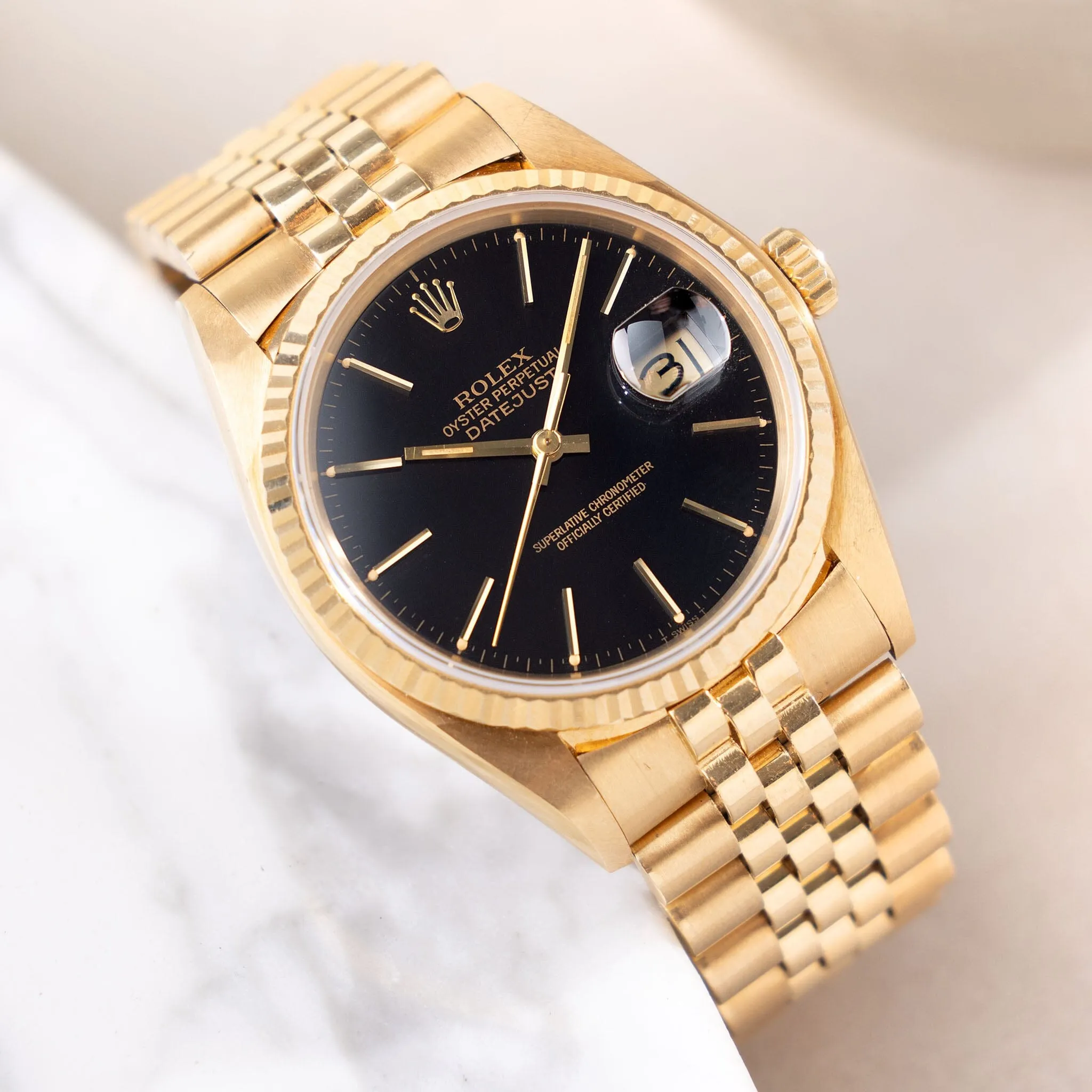 Rolex Datejust Yellow Gold Black Glossy Dial Ref 16018
