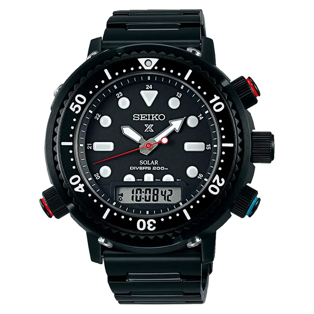 Seiko Men's Black Dial Stainless Steel Band Prospex Solar Analog-Digital Diver's Watch - SNJ037