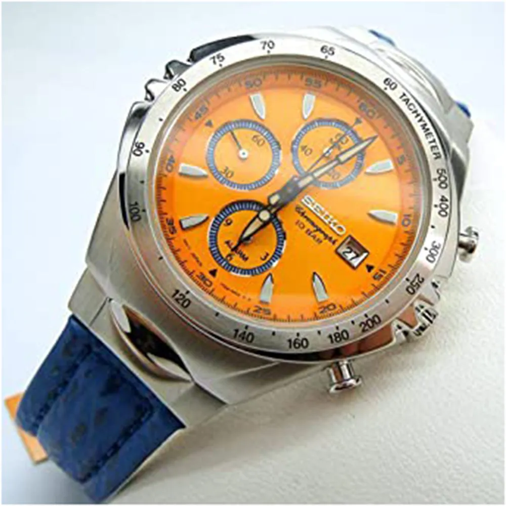 Seiko Mens Macchina Sportiva Edition Blue Leather Strap Orange Quartz Dial Chronograph Watch - SNAF83
