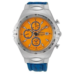Seiko Mens Macchina Sportiva Edition Blue Leather Strap Orange Quartz Dial Chronograph Watch - SNAF83