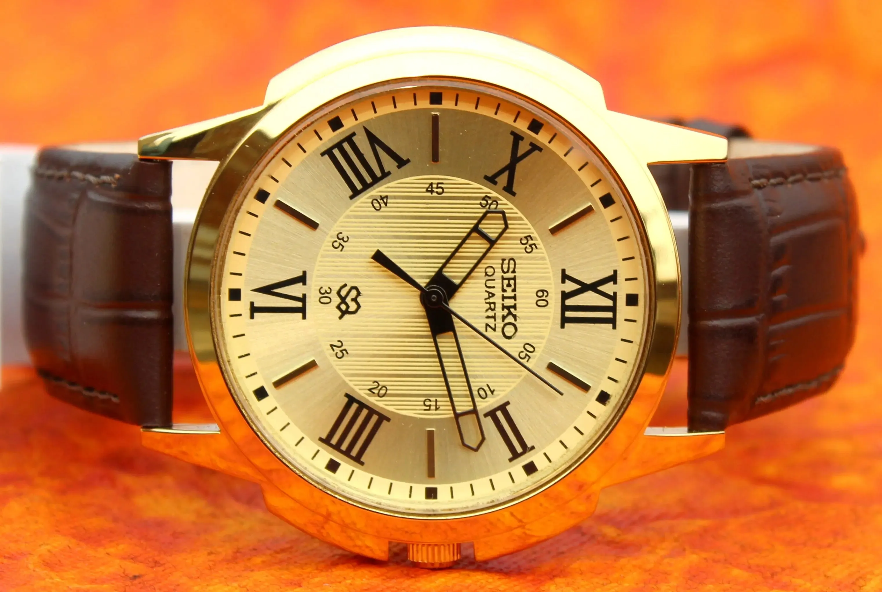 Seiko Quartz Gold Plated Case Japan Made Gold Dial Faux Leather Strap Wristwatch