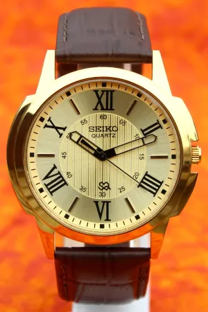 Seiko Quartz Gold Plated Case Japan Made Gold Dial Faux Leather Strap Wristwatch