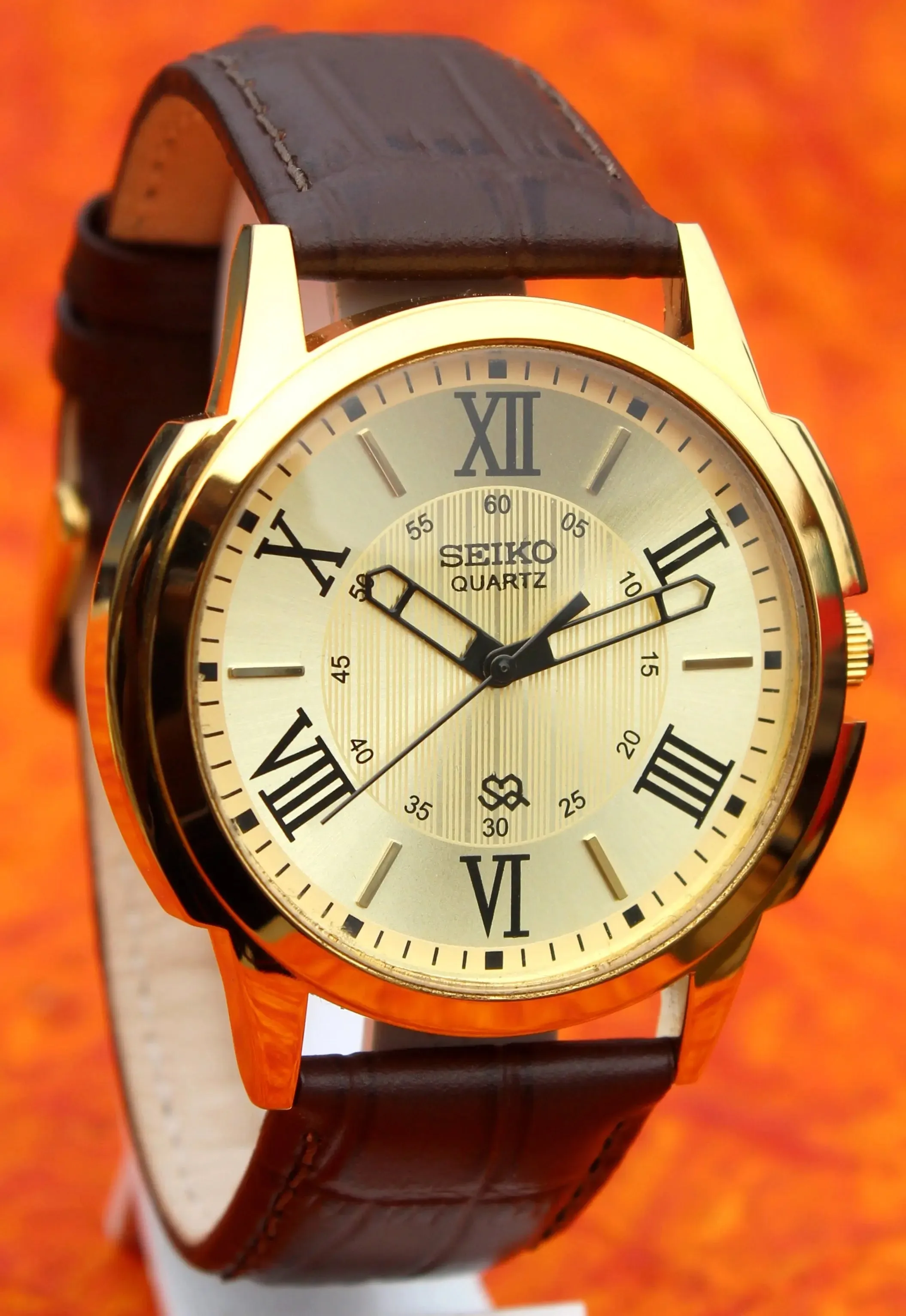 Seiko Quartz Gold Plated Case Japan Made Gold Dial Faux Leather Strap Wristwatch