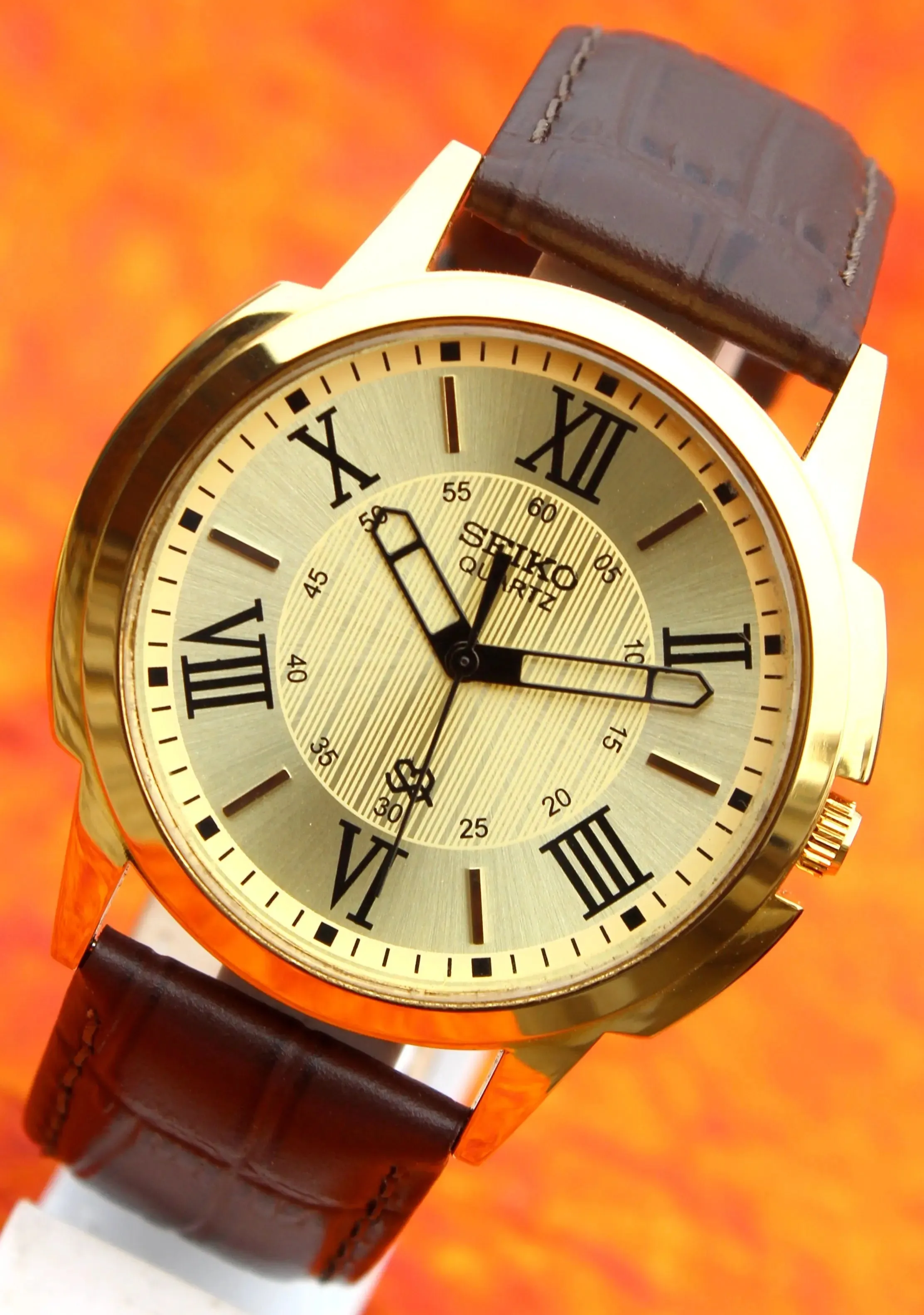 Seiko Quartz Gold Plated Case Japan Made Gold Dial Faux Leather Strap Wristwatch