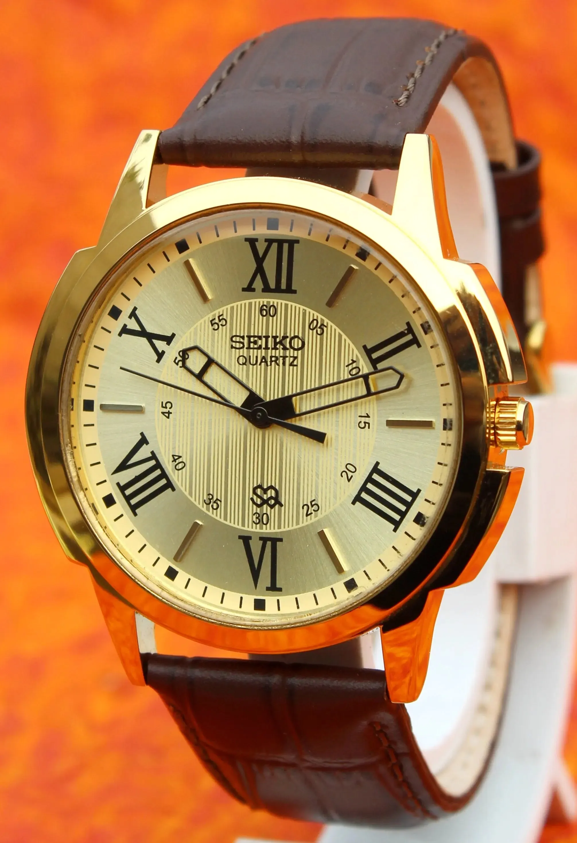Seiko Quartz Gold Plated Case Japan Made Gold Dial Faux Leather Strap Wristwatch
