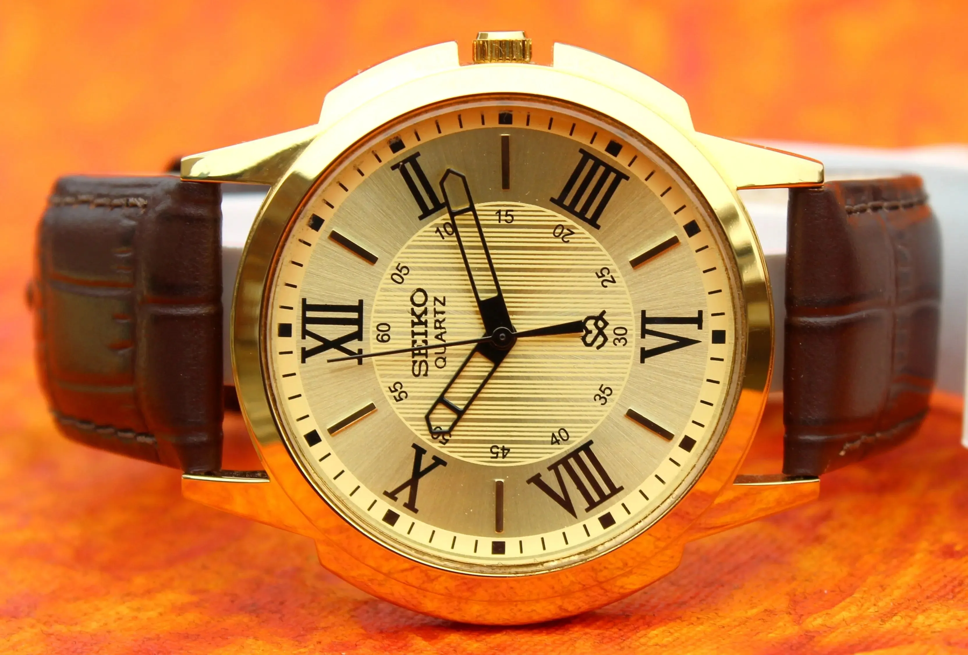 Seiko Quartz Gold Plated Case Japan Made Gold Dial Faux Leather Strap Wristwatch