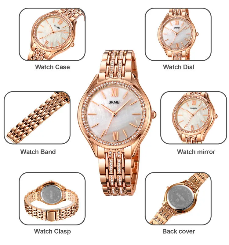SKMEI 1970 Innovative Diamond Wristwatches Lady w/ Pearl Shell Textured Dial
