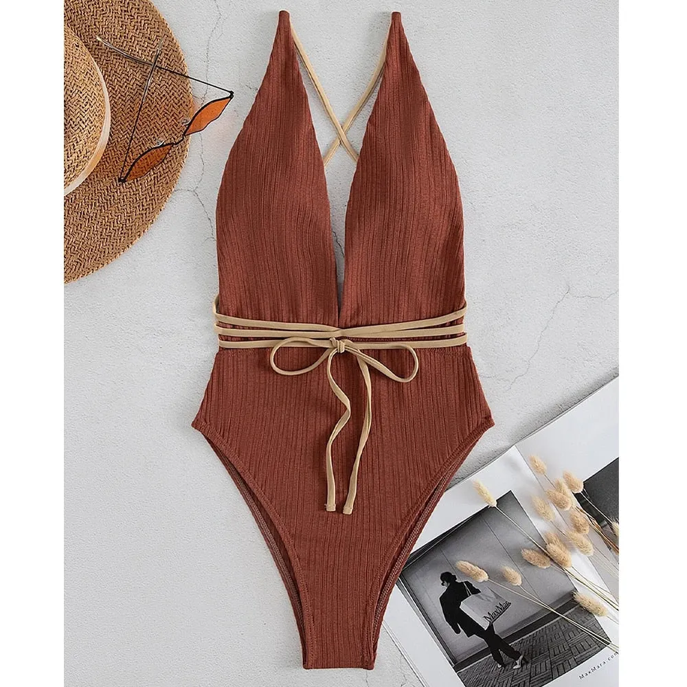 Solid Strapped Swimwear Sexy High Waist Cut One Piece Backless Hollow Belt Bathing Suit