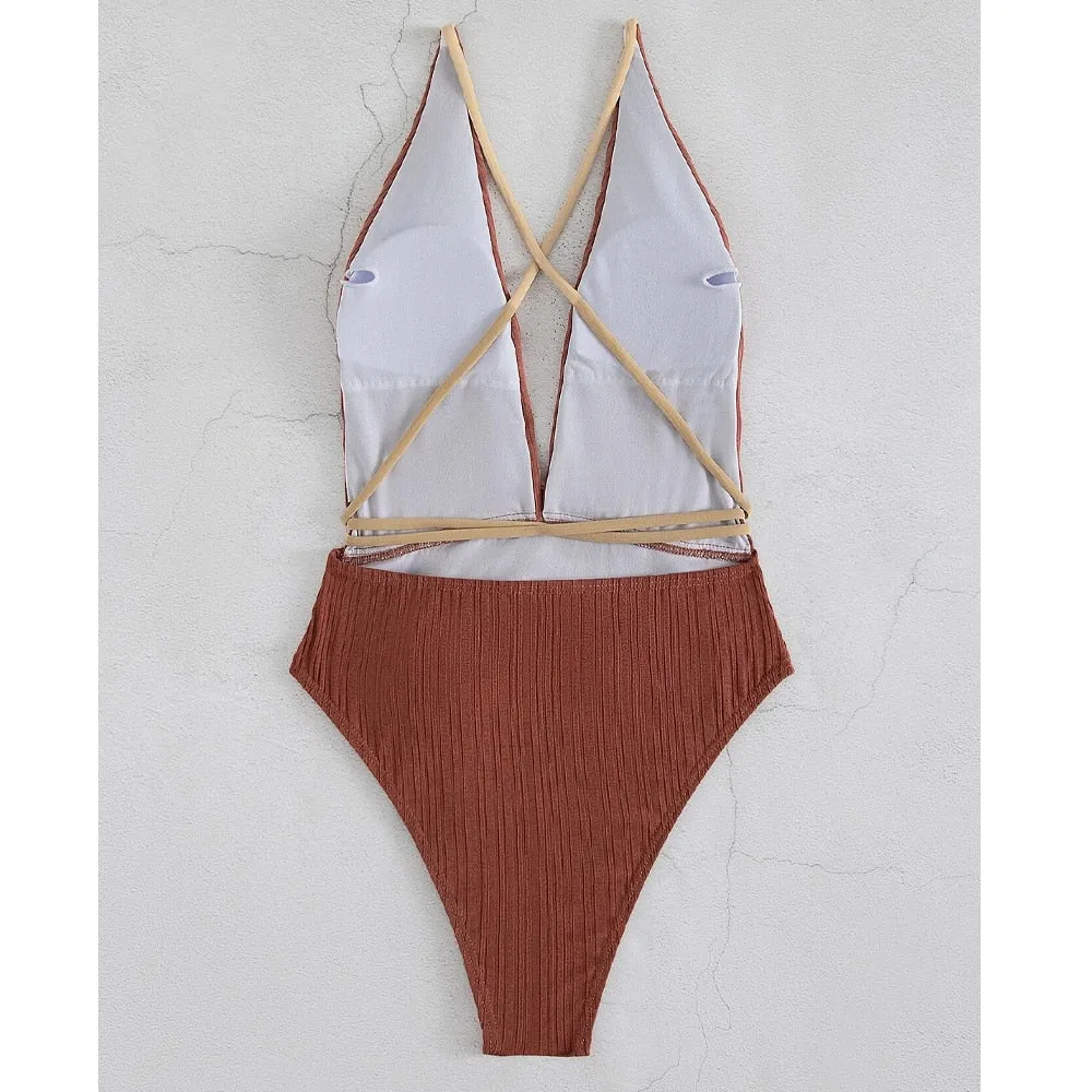 Solid Strapped Swimwear Sexy High Waist Cut One Piece Backless Hollow Belt Bathing Suit