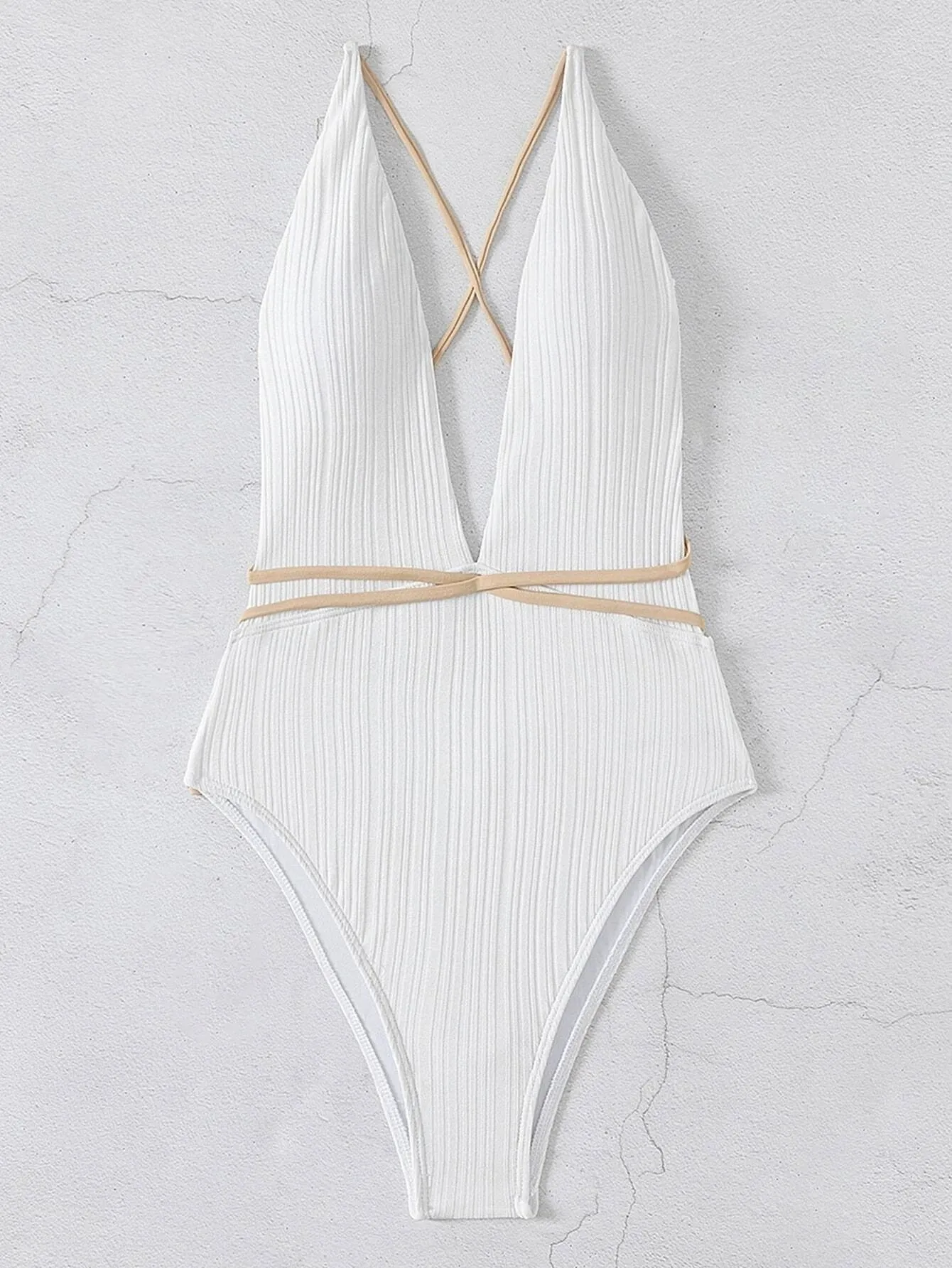 Solid Strapped Swimwear Sexy High Waist Cut One Piece Backless Hollow Belt Bathing Suit