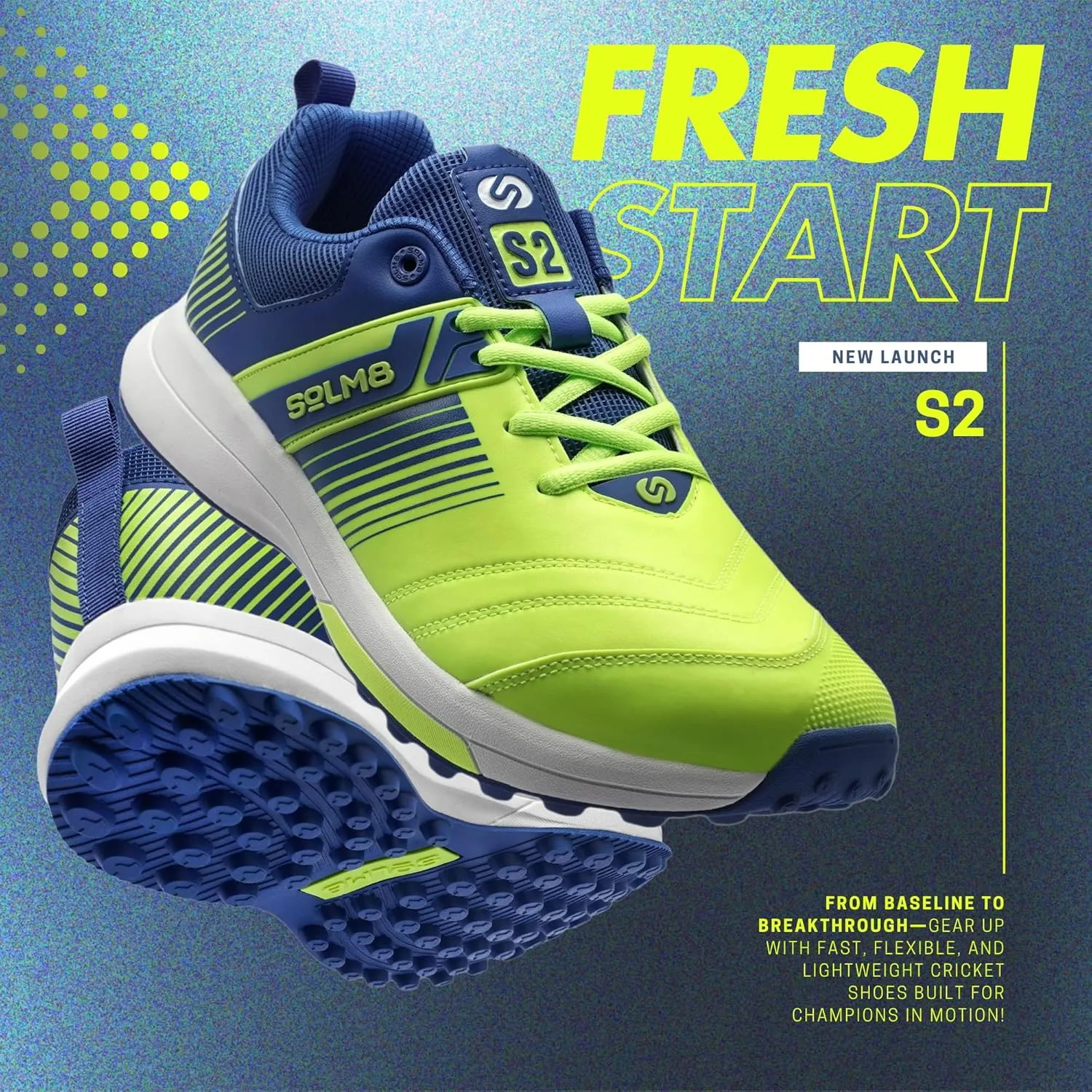 SOLM8 S2 Cricket Shoes Men Boys Junior Players - Advanced Grip Rubber Spikes for Turf/Grass, Ultralight Cushioning in Bright Colors (2025 Edition)