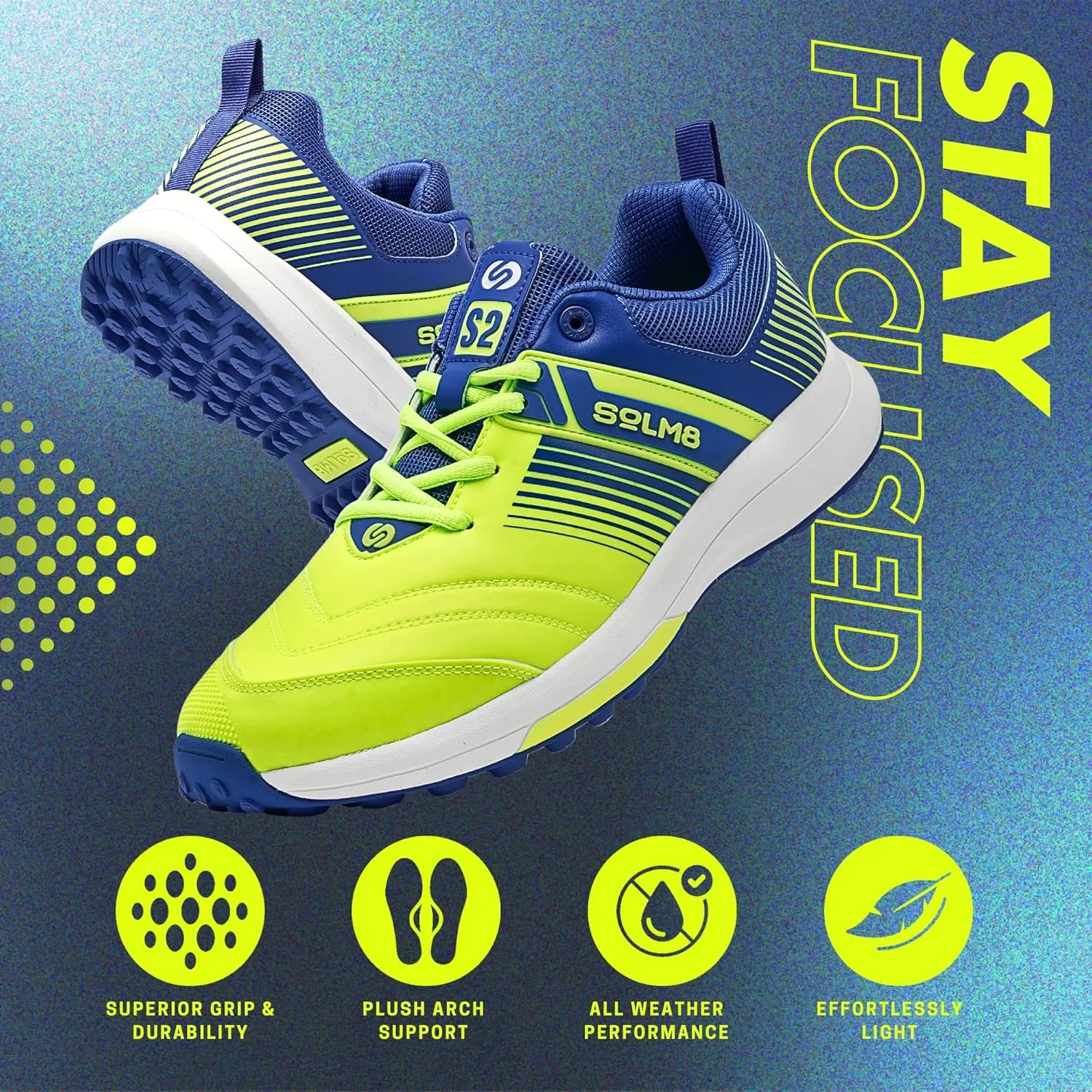 SOLM8 S2 Cricket Shoes Men Boys Junior Players - Advanced Grip Rubber Spikes for Turf/Grass, Ultralight Cushioning in Bright Colors (2025 Edition)