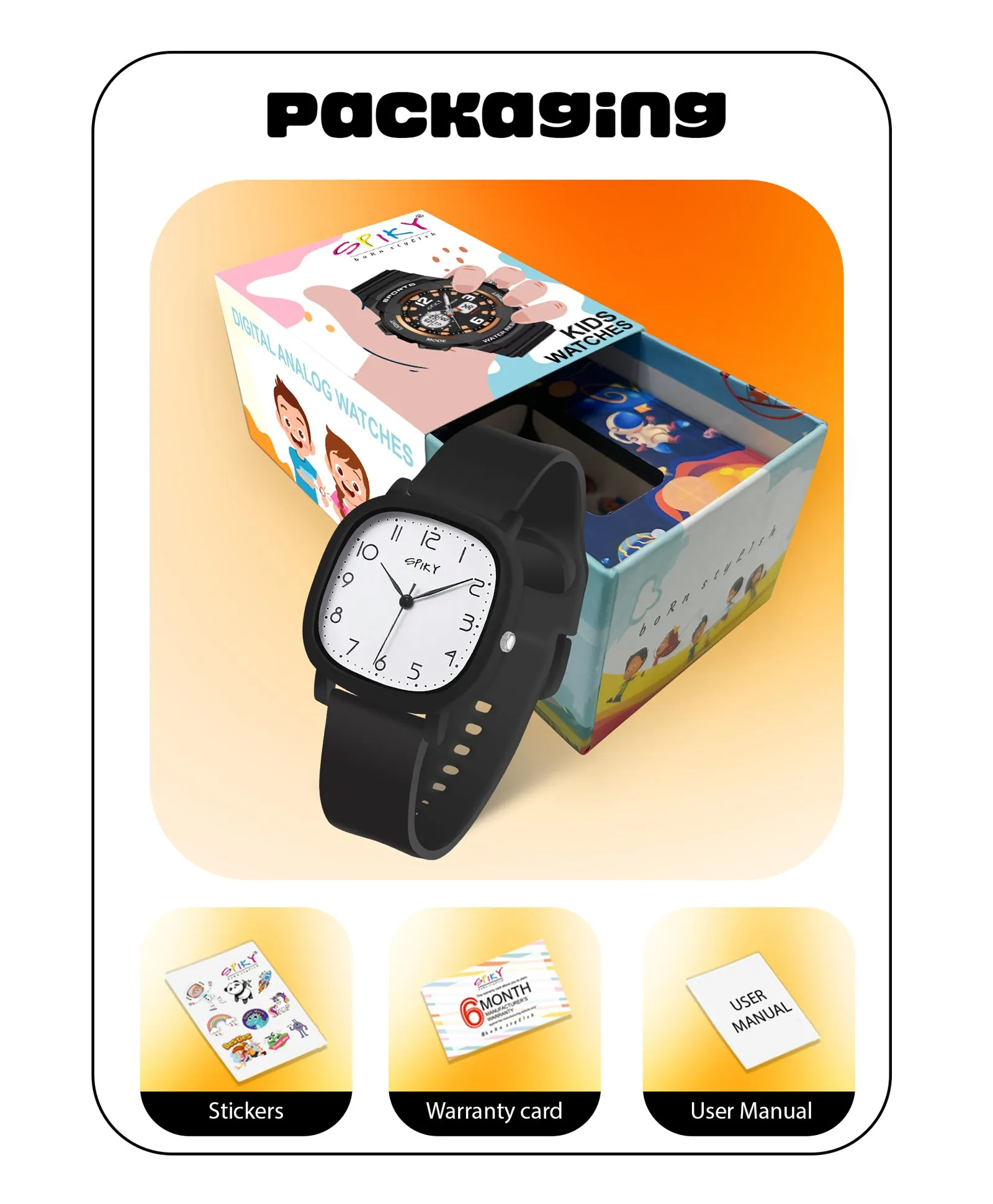 Spiky Eva19 Square Analog Watch for Kids - Black