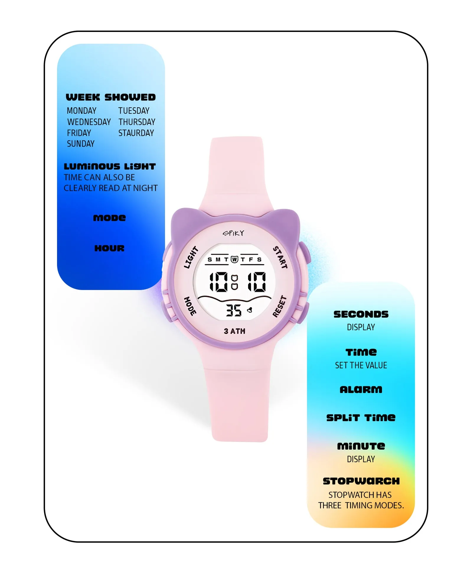 Spiky Round Cat Shaped Sports Digital Watch - White